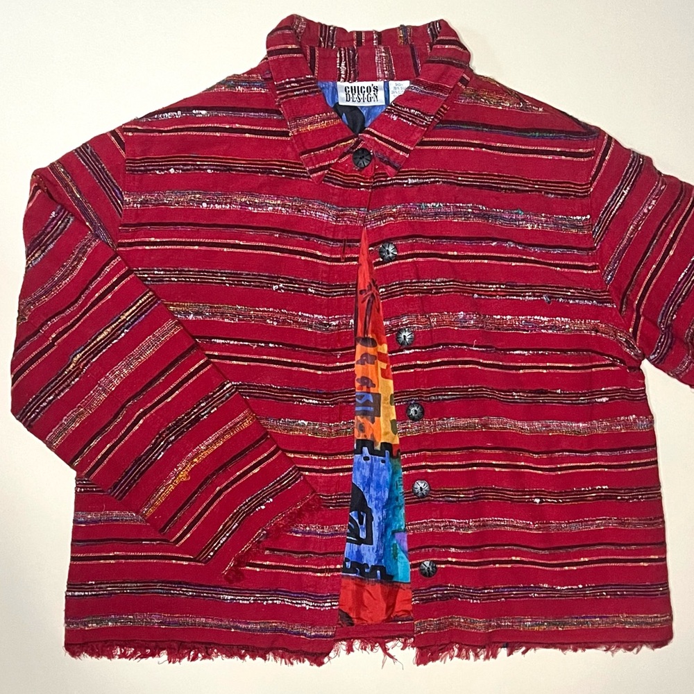 Red Chico's striped buttton-up light weight jacket, with silk lined inside.